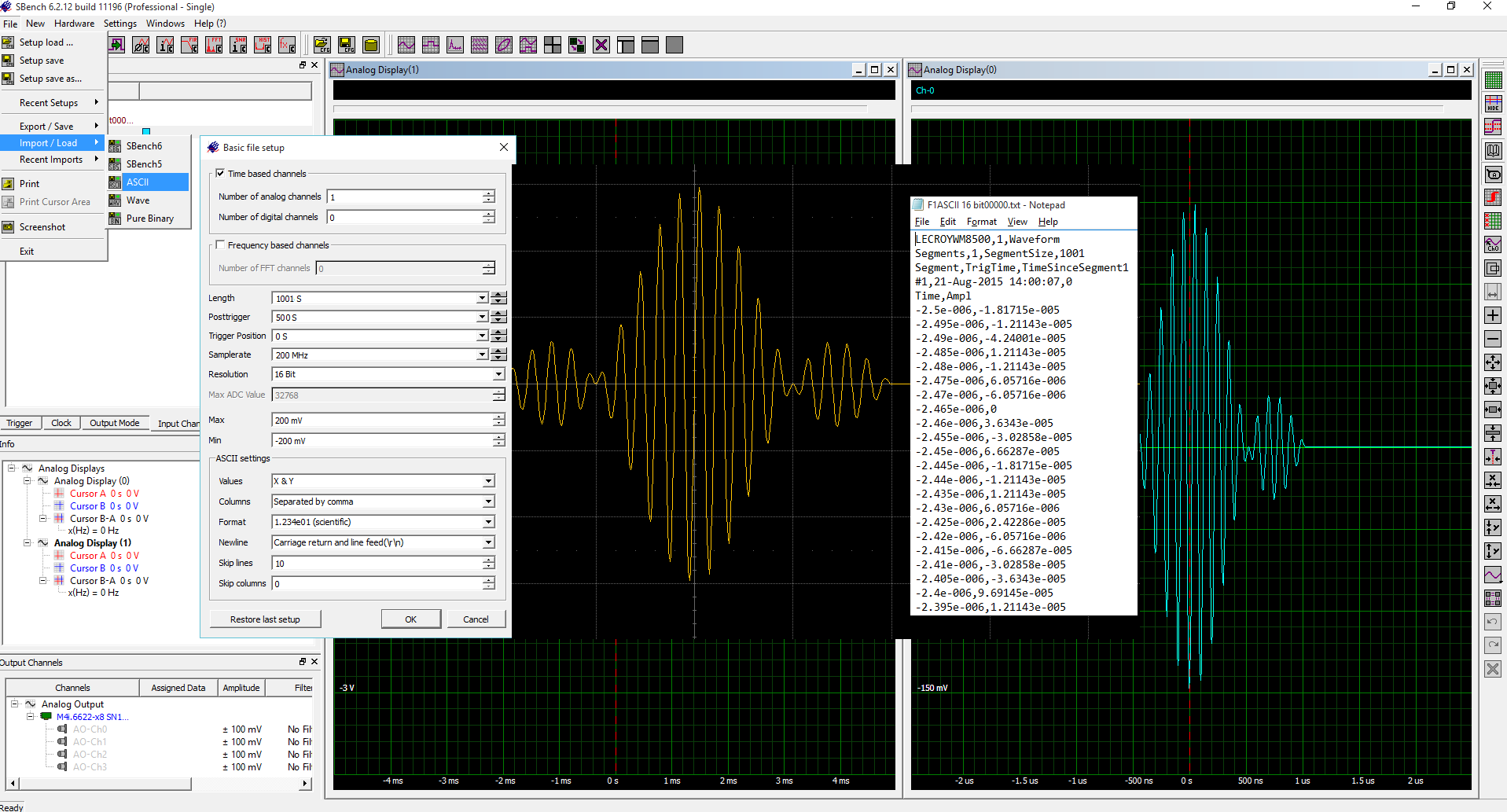 Screenshot of SBench 6 shpwing ASCII import