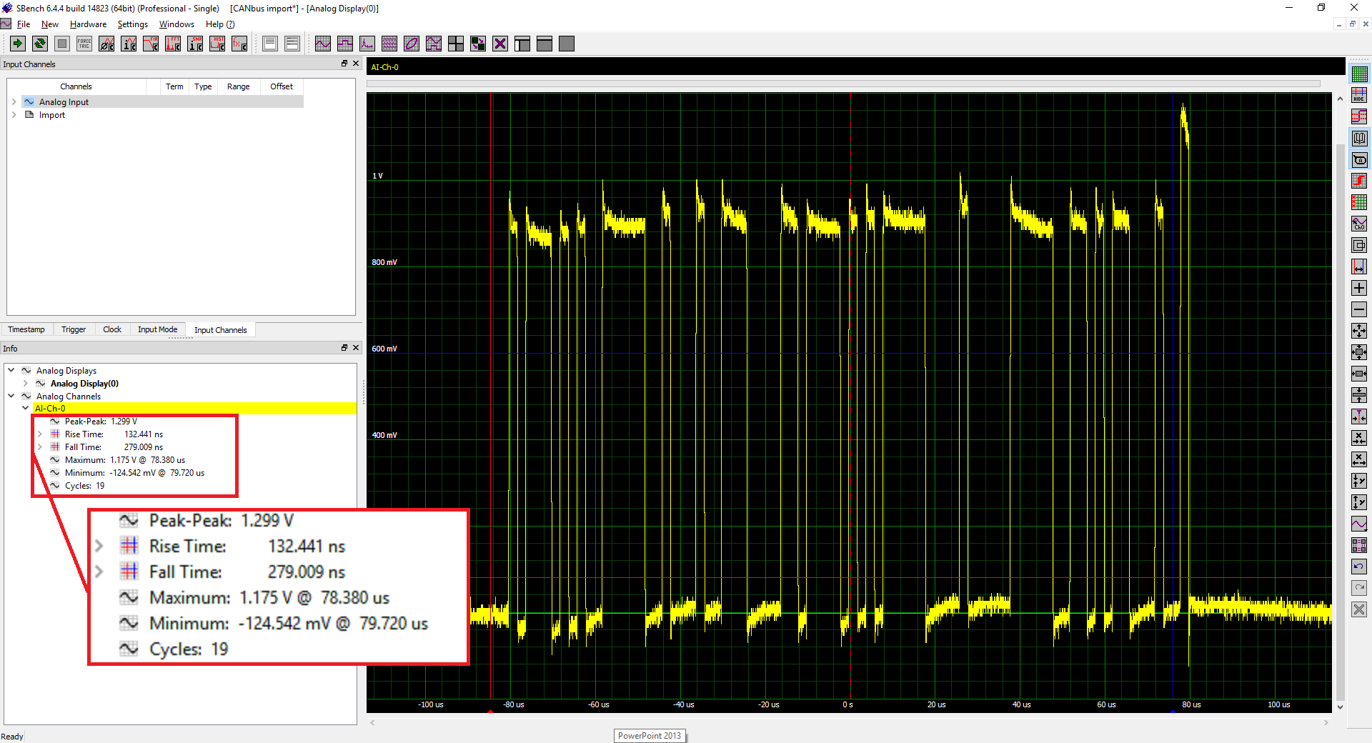 Screenshot of SBench 6 showing a CAN bus data acquisition