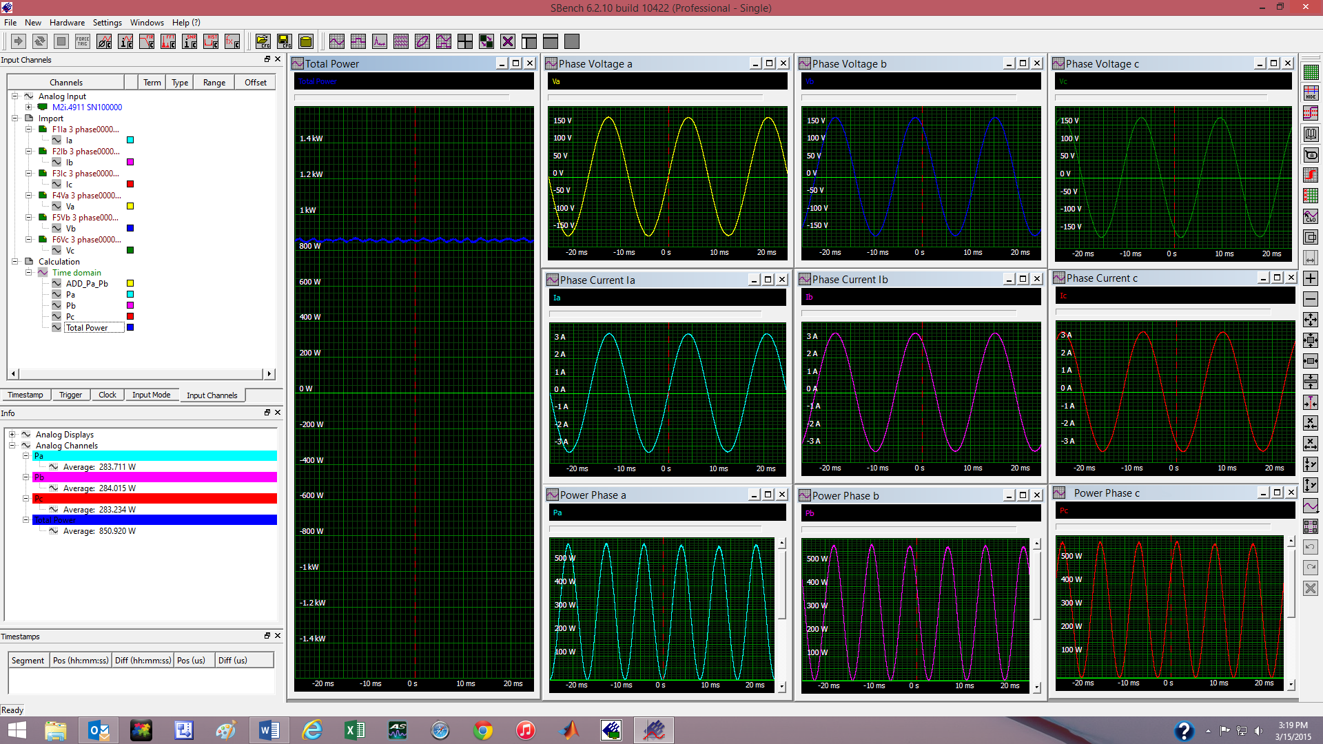 Sbench 6 Screenshot of a phase power measurement