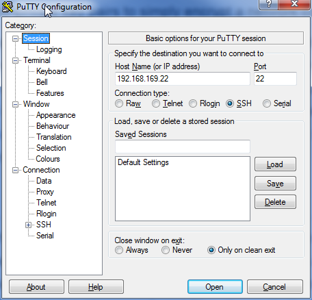 Screenshot of PuTTY configuration